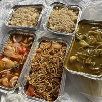 Vegetable curry and sweet and sour vegetables with (eggless) fried rice and Vegetable Chow Mein with rice noodles.  at Kyle Chinese Take Away in Kyle Of Lochalsh