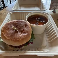 Veggie burger with side of tuscan white bean soupp  at Southern Squeeze - North in Chattanooga