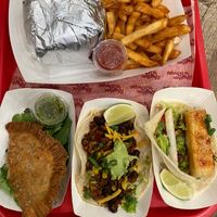 Big Shug burger, Fuegito and tofu taco, Chickpea curry empanada  at Rhythm 'n Wraps in Boston