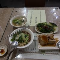 Wonton soup, sesame paste noodles, braised tofu, blanched vegetables  at Si Zhu Yi Er Vegetarian Restaurant in Taichung