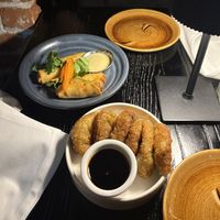 Chive Dumplings (on the bottom)  at Hobgoblin - Gastropub in Boston