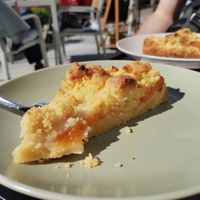 Delicious and fresh vegan apricot cake with crumble topping at Michels Café in Binz