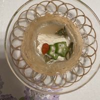 Tofu, okra, goji berry  at Shikisai gin no to in Beppu