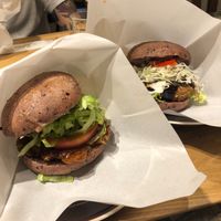 Wheat prot in burger on th left, teriyaki soymeat burger on the right  at LOVE Pacific Cafe in Nagoya