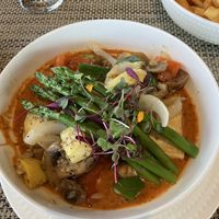 Vegan Stack. Excellent vegetables with tofu in a tomato basil sauce. Sublime and unique    at Michael's In Borrego in Borrego Springs