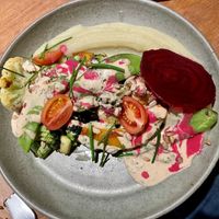 Their newest meal. Veggies over ‘batata baroa’ purée and tahini sauce. My favorite dish from this cafe so far. at Gaia Art and Cafe in Rio De Janeiro