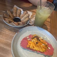 crocame and sourdough with beet hummus  at Gaia Art and Cafe in Rio De Janeiro