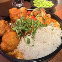 Menu changes frequently here. But today there was this gorgeous cauliflower with spicy sauce. Very yummy. With a side of edamame beans it’s a winner!  at The Three Tuns in Lichfield