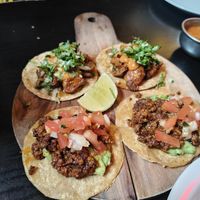 Vegan tacos at the bottom. Vegan chorizo, tomatoes and guacamole. Spicy but tasty! at Mæxico City in Copenhagen