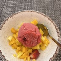 Raspberry sorbet dessert  at La Table du Clos - Le Clos Corbier in Ay-champagne