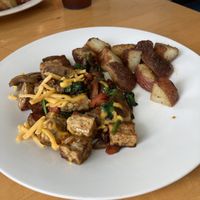 Tempeh Scramble w/ Potatoes. The presentation is deceiving, the food is very good and thoughtfully prepared . #Veganuary at East End Eatery in Gainesville