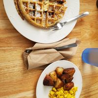 Blueberry waffle with tofu scramble and potatoes at East End Eatery in Gainesville