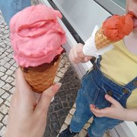 One strawberry cone and one raspberry and chocolate fondant cone. All vegan. at Lila Vanilla in Alvor
