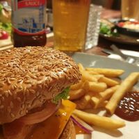 Vegan burger with fries at Caledonian Hotel in Leven