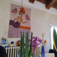 tonino guerra artwork on the wall (local historic poet and artist) at Il Lavatoio Bistrot in Santarcangelo Di Romagna