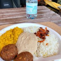 Lentils, falafels, hummus and rice with something red. at Orient Experience II in Venice