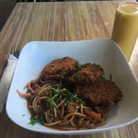 Vegan pasta with fried eggplants - weird combination. at Seed - Faubourg Lafayette in New Orleans