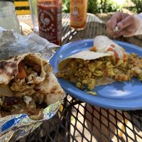 Southern Burrito on the left (ovo-lacto-vegetarian). The spicy one isn’t really spicy    at Ruby's in Ashland