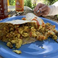 The Wendy Burrito tofu scramble in the gluten-free tortilla. Very flavorful !  at Ruby's in Ashland
