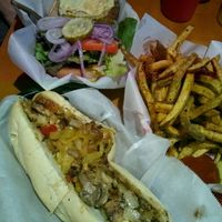 veggie steak (Philly cheese steak) and veggie burger with vegan cheese substitute at Ruby's in Ashland