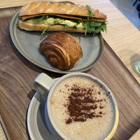 Tofu mimosa sandwich? Pan au chocolat (mini) and coffee.    at Land & Monkeys - Père Lachaise   in Paris
