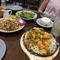 Morning glory stir fry, banana flower salad and vegan chicken lemongrass and chili   at Hoang's Kitchen 2 in Ho Chi Minh City