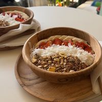 Peanut butter banana bowl & acai bowl unsweetened (also sweetened available)  at Veganlicious - Jalan Pasar - Vegan Smoothie Bowl and Coffee  in Sanur