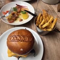 Hen of the woods mushroom burger, fries, tomato salad  at Fallow in South West London