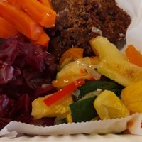 Cilantro crushed plantain black bean patties, stir fry veggies with soup of the day🍲 or salad  🥗  at Chef W Vegan Lunchbox in Nassau