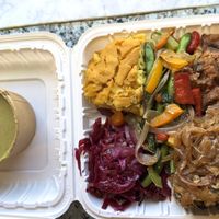 2 mushroom patties, veg Mac cheese, stir fry veg, purple cabbage   at Chef W Vegan Lunchbox in Nassau