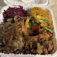 2 mushroom patties, purple cabbage, eggplants, Mac & cheese 😋  at Chef W Vegan Lunchbox in Nassau