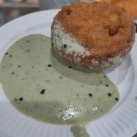 Aubergine pakora with coconut chutney (free gift from owner!) at Healthy Wealthy Veg & Vegan in Belfast