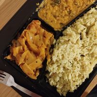 Two curries and rice at Healthy Wealthy Veg & Vegan in Belfast