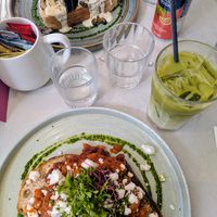 Campfire beans with Violife feta, mushrooms on toast and matcha latte at Joni at The Botanical Gardens in Sheffield