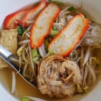 Soup with vegetables & different kinds of mock meat at The Rice and Healthy Food ข้าวทิพย์ แอนด์ เฮลท์ฟู้ด in Bangkok
