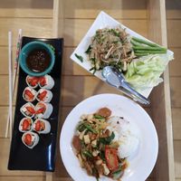 Fresh spring rolls, mushroom medley and rice with vegetables and tofu. 170B at The Rice and Healthy Food ข้าวทิพย์ แอนด์ เฮลท์ฟู้ด in Bangkok
