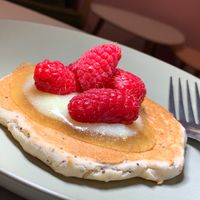 "Baby" Lemon Poppy Seed Pancake topped with Raspberries and Lemon Curd (Kalamazoo Vegan Chef Challenge 5/26) at Matchacita in Kalamazoo