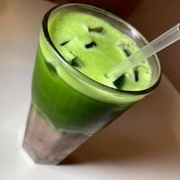 Iced Strawberry Matcha: House-made Strawberry Puree, Plant-Milk Choice (Banana Milk), Monkfruit Sweetener at Matcharía in Kalamazoo