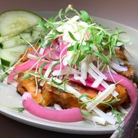 Tortitos de Papa & Vegan Chorizo: (Now on their regular menu!) House-Made Potato Cakes, Vegan Cheeze, Lettuce, Pickled Onions, Vegan Sour Cream, Salsa, Microgreens  at Matcharía in Kalamazoo