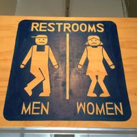 Humorous restroom sign! at Bloom Cafe in Los Angeles