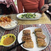 stir veg, tofu in tomatosauce, fried spring rolls  at Sapa Vegan Restaurant in Sapa