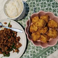 pad krapow, rice and crispy fried tofu. at Baan Ying - Dusit Suites Hotel in Bangkok