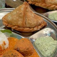 Samosa, Malai Kofta with rice and chutney  at Radhika food bar in Givat Ada