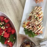 Yucadilla, watermelon salad and iced coffee  at Buddha's Garden in San Juan Del Sur