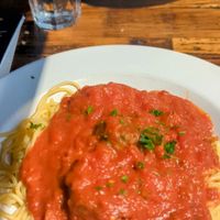 Spaghetti marinara with impossible meatball at The Old Spaghetti Factory in Banff