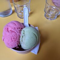 Sorbets hibiscus, petit pois/menthe, café en dessous at Glacier des vignobles in Saint-emilion