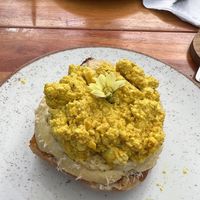 Croque madam (toasted cheese sandwich with 3 types of cheese) with tofu scramble on top at Tula Café & Bistro in Rio De Janeiro