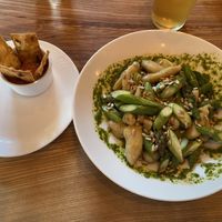 Tomato salsa and fried bread served with vegan gnocchi and asparagus.  at Olofmånsgårdens Skafferi in Goetene