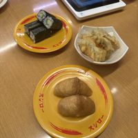 Cucumber maki, pumpkin tempura, tofu inari   at Sushiro  in Toyooka