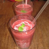 Raspberry almond milkshake at Junk Food Cafe in Brno